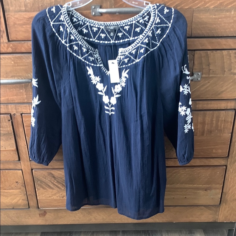 Talbots Blue Embroidered Blouse with Flowing Sleeves
